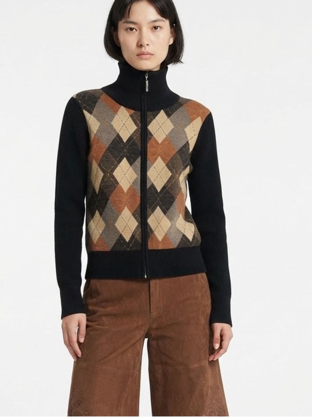 ARGYLE ZIP UP TURTLENECK SWEATER